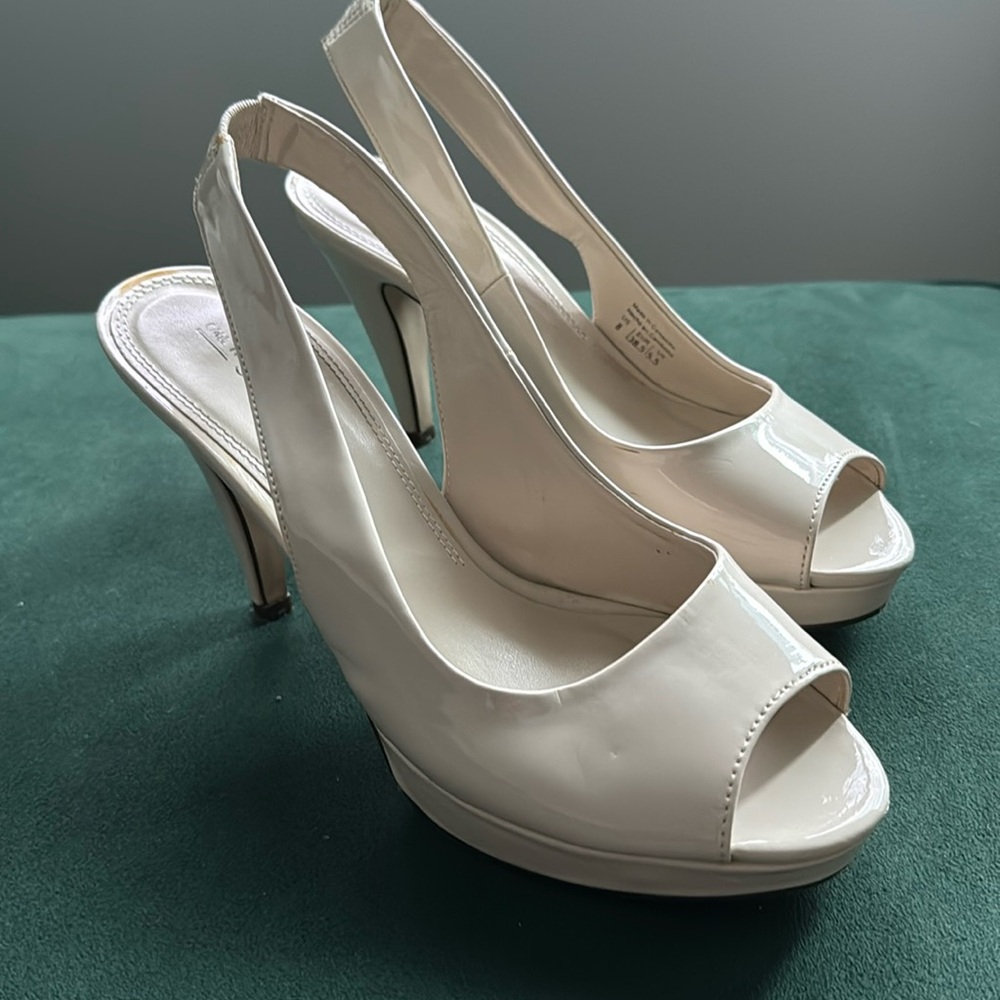 Nude open toe heels